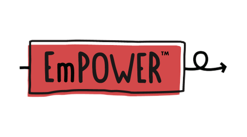 EmPOWER logo with a hand-drawn style, featuring mixed uppercase and lowercase black text on a red rectangular background with slightly irregular edges. A black arrow extends from both sides, looping around on the right.