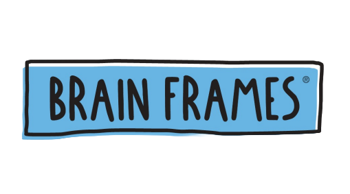 Brain Frames logo featuring hand-drawn uppercase text in black, outlined in white, set against a blue rectangular background with slightly irregular edges.