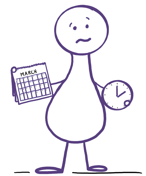 A simple purple stick-figure character with a worried expression holding a calendar labeled March in one hand and a clock showing approximately 4 o'clock in the other, symbolizing concern about time or deadlines.