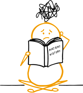 A simple orange stick-figure character sitting cross-legged while reading a book titled Ancient History. The character has a worried expression, scratching their head, with a scribbled black cloud above, symbolizing confusion or difficulty understanding the material.