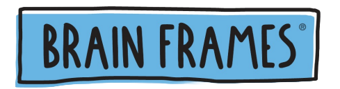 Brain Frames logo featuring hand-drawn uppercase text in black, outlined in white, set against a blue rectangular background with slightly irregular edges.