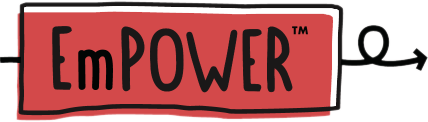EmPOWER logo with a hand-drawn style, featuring mixed uppercase and lowercase black text on a red rectangular background with slightly irregular edges. A black arrow extends from both sides, looping around on the right.