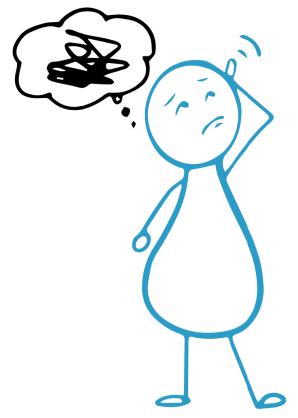 A simple blue stick-figure drawing of a person with a distressed expression, holding their head with one hand. A thought bubble above their head contains a scribbled black mess, representing confusion or frustration.