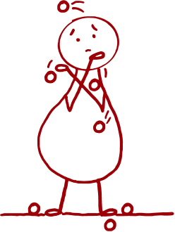 A simple red stick-figure character looking worried while juggling multiple small balls. Some balls are falling to the ground, symbolizing being overwhelmed or struggling to manage multiple tasks.