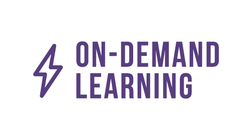 On-Demand Learning logo featuring bold, purple text in a modern font. To the left of the text is a stylized lightning bolt icon, also in purple, symbolizing speed and accessibility.