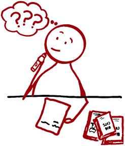 A simple red stick-figure character sitting at a desk, holding a pen and looking thoughtfully at a piece of paper. A thought bubble with three question marks hovers above their head, indicating confusion or deep thinking. A stack of books and papers is scattered on the desk.