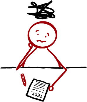 A simple red stick-figure character sitting at a desk, looking worried while taking a test. A scribbled black cloud hovers above their head, symbolizing confusion or frustration. A pen lies next to the test paper.