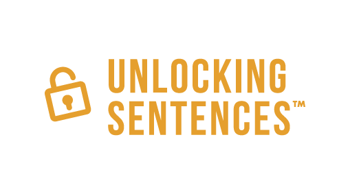 Unlocking Sentences™ logo in bold, uppercase, golden-yellow text. To the left of the text is a stylized open padlock icon, also in golden-yellow.