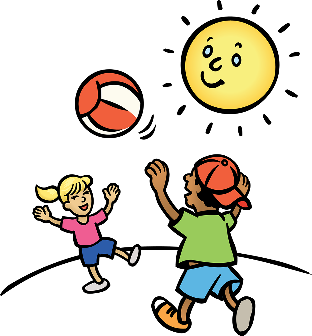 Cartoon of two children tossing a beach ball with a smiling sun shining down on them