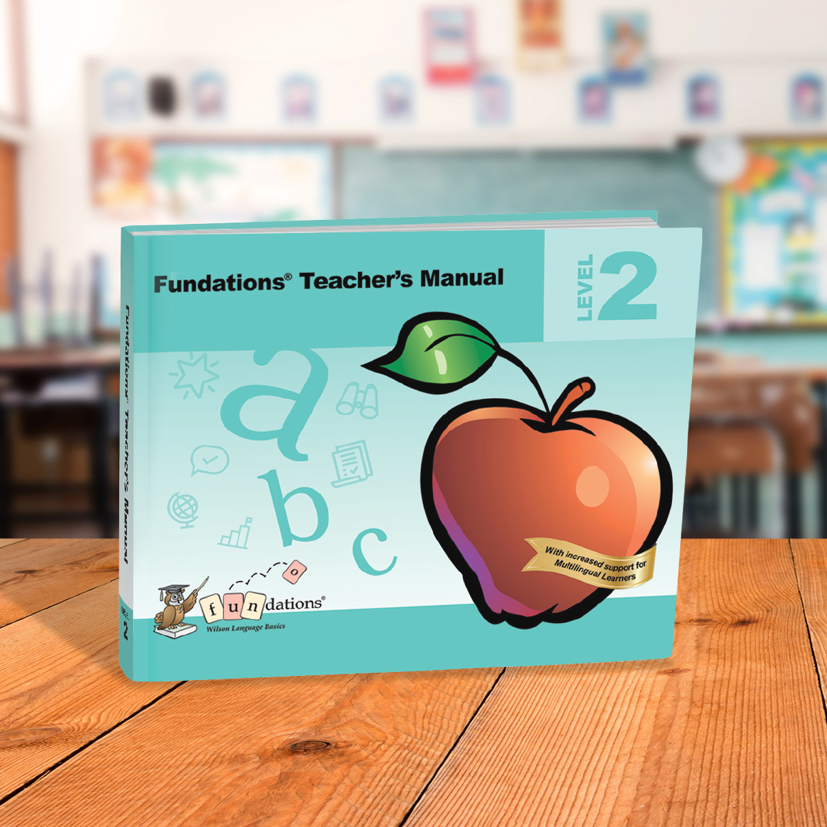Newly refreshed Fundations Teachers manual on desk in classroom