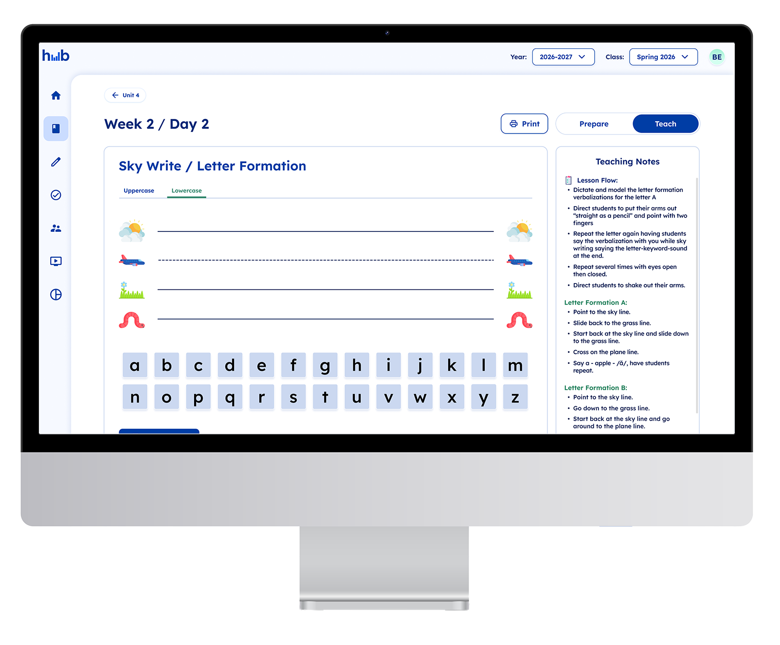 iMac screen displaying a FUN HUB Sky Write / Letter Formation tool with teaching notes and a drag-and-drop letter keyboard.