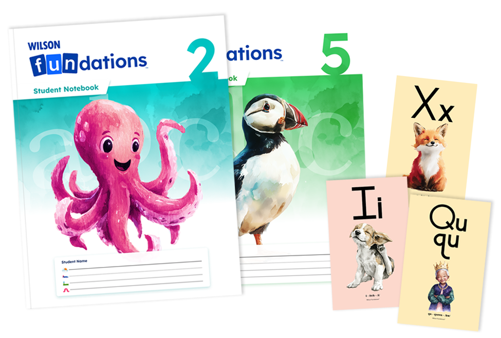 Fundations student notebooks for Levels 2 and 5 featuring illustrated animals (octopus and puffin), alongside four keyword sound cards with the letters Xx, Ii, and Ququ.