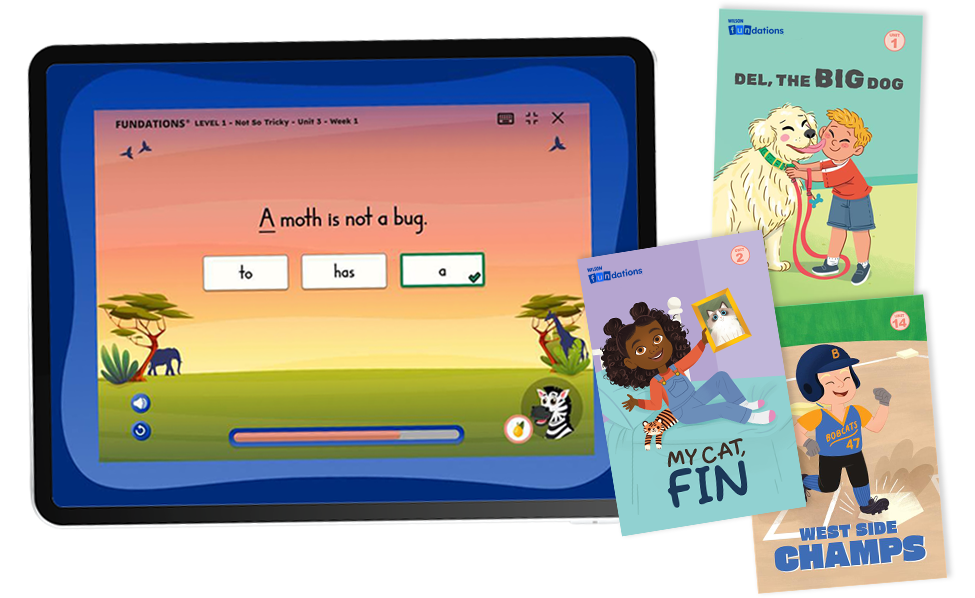 Digital tablet showing a sentence-building activity in FUN HUB, with illustrated decodable readers displayed alongside, including My Cat, Fin and Del, the Big Dog.