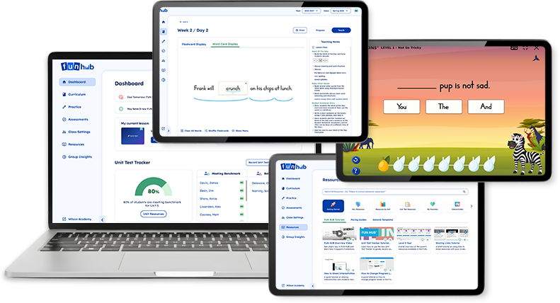 A laptop and two tablets display Fundations digital resources, including a student dashboard, sentence building activity, and lesson content.