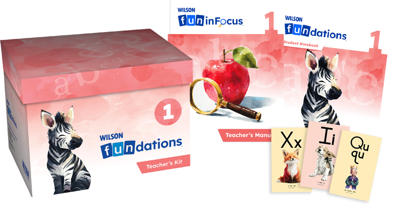 Wilson Fundations Level 1 Teacher’s Kit with student and teacher materials, illustrated alphabet cards, and zebra-themed packaging.