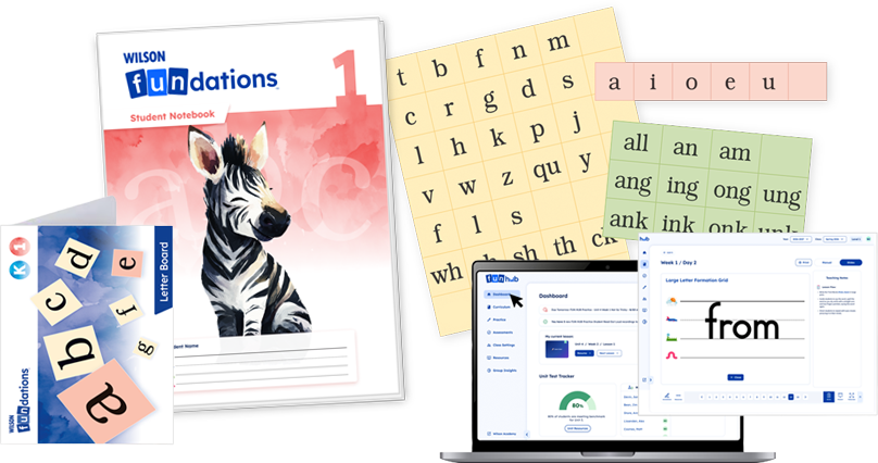 Fundations Level 1 student notebook and practice book with zebra, butterfly, and ladybug illustrations, letter boards, vowel and word cards, and digital teaching tools.