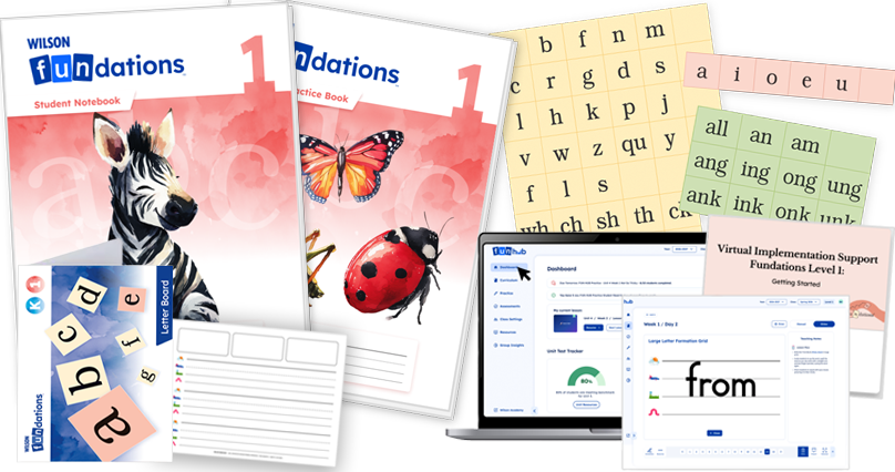 Fundations Level 1 student and practice books, letter tiles, boards, vowel and word cards, digital platform on a laptop, and virtual implementation guide.