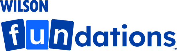 Wilson Fundations logo with the word 'fun' spelled in lowercase white letters on individual dark blue and bright blue tiles, followed by the rest of the word 'dations' in bold blue text.