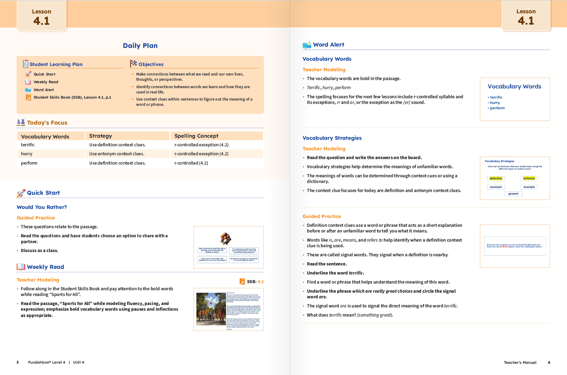 Fundations Level 4 Unit 4 lesson plan showing vocabulary words, strategies, and spelling concepts for the week.