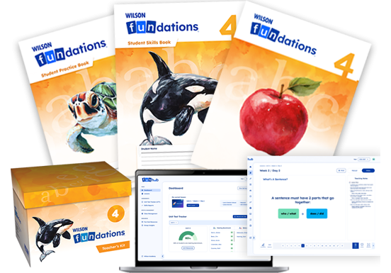 Fundations Level 4 materials: student books, teacher's kit, and a laptop displaying the Fundations Hub.