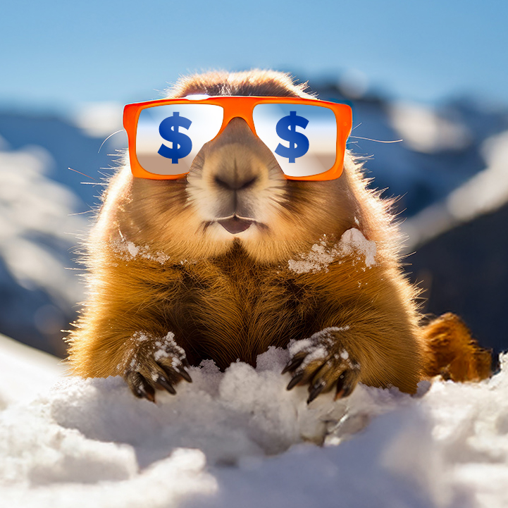 Groundhog in snow wearing dollar sign sunglasses, promoting a winter warm up.