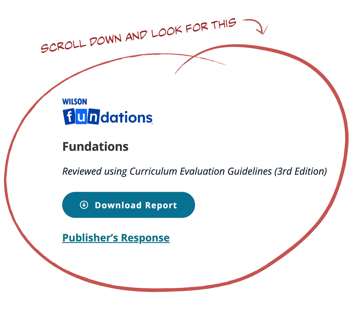 Wilson Fundations logo and text: "Fundations, Reviewed using Curriculum Evaluation Guidelines.