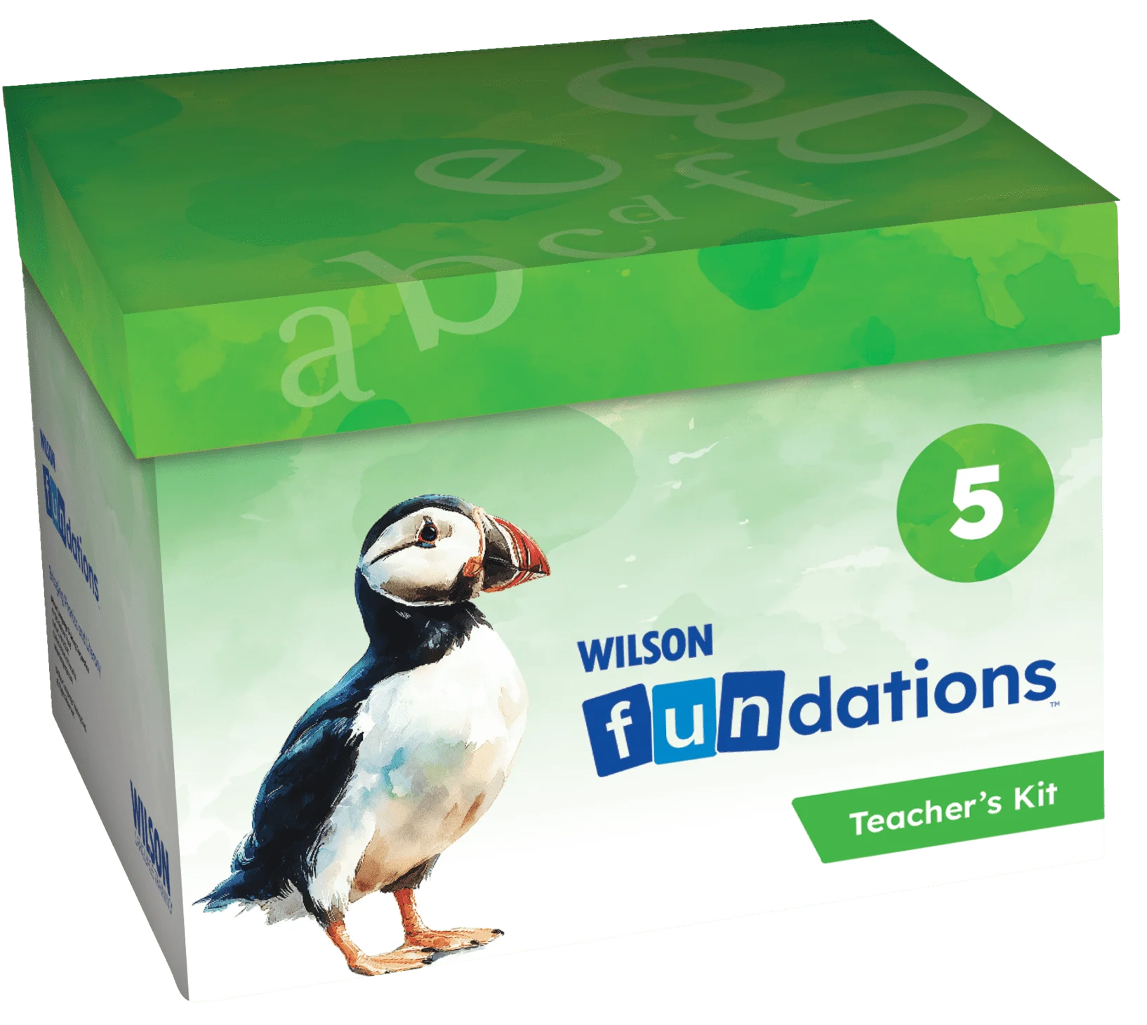 Wilson Fundations Level 5 Teacher's Kit with puffin illustration and alphabet graphics.