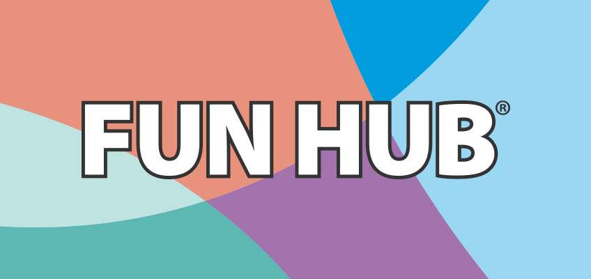 Fun Hub logo with colorful abstract shapes in background