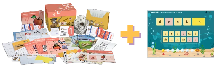 bundle-1 A Fundations® Level 1 bundle featuring physical materials, including instructional guides, cards, student notebooks, practice items, and an owl puppet. To the right is a digital learning activity showing a Fundations® Level 1 screen with letter tiles forming words and an underwater theme. A plus sign connects the physical and digital components.