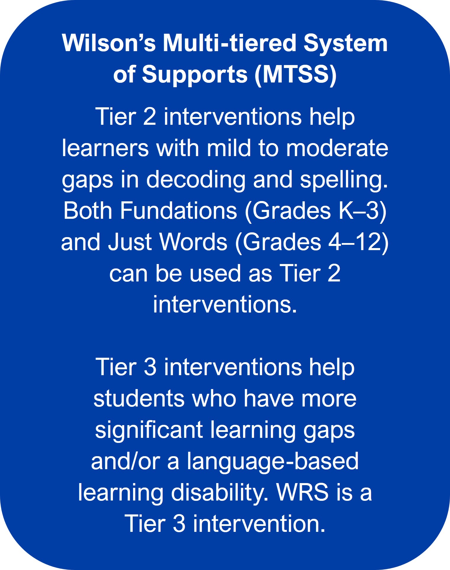 A blue text box with rounded corners containing information about Wilson's Multi-tiered System of Supports (MTSS). It explains that Tier 2 interventions help learners with mild to moderate gaps in decoding and spelling, using programs like Fundations (Grades K–3) and Just Words (Grades 4–12). Tier 3 interventions address significant learning gaps or language-based learning disabilities, with Wilson Reading System (WRS) serving as a Tier 3 intervention.